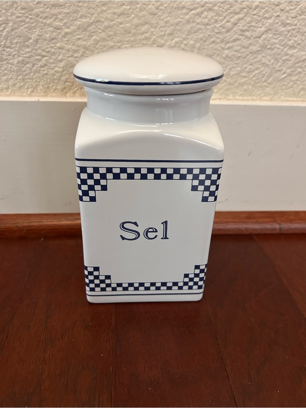 Vintage French Lustucru Style Sel (salt) Canisters Blue White Ceramic